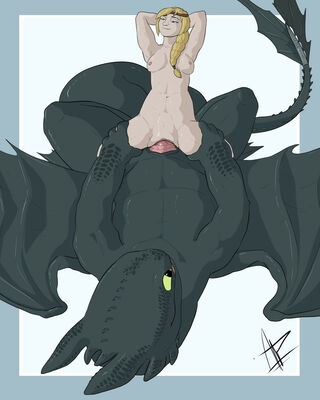 Astrid Riding Toothless
art by hamham5
Keywords: beast;how_to_train_your_dragon;httyd;night_fury;toothless;astrid;dragon;male;feral;human;woman;female;M/F;penis;cowgirl;vaginal_penetration;hamham5