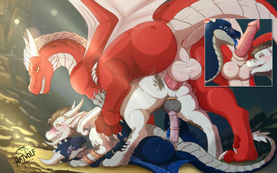 Dragon Sandwich
art by harakiriwolf
Keywords: dragon;male;feral;M/M;threeway;penis;from_behind;missionary;anal;oral;closeup;harakiriwolf