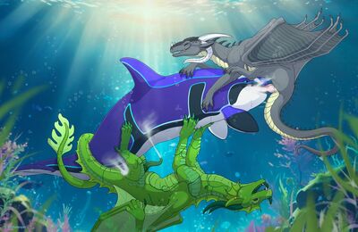 Under The Sea 2 (Wings_of_Fire)
art by herpydragon
Keywords: wings_of_fire;rainwing;leafwing;hybrid;dragon;furry;cetacean;orca;male;feral;M/M;threeway;spitroast;penis;missionary;anal;oral;spooge;herpydragon