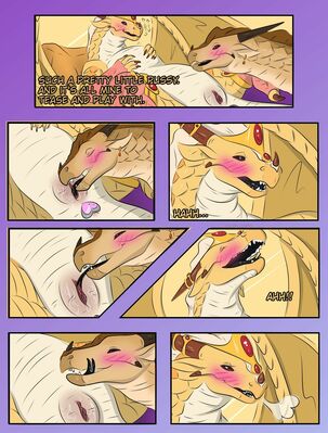 Blaze and Thorn, page 3 (Wings_of_Fire)
art by hirothedragon
Keywords: comic;wings_of_fire;sandwing;princess_blaze;thorn;dragoness;female;feral;lesbian;vagina;oral;vaginal_penetration;closeup;spooge;hirothedragon