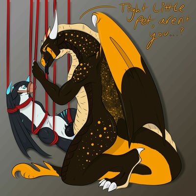 Tight Pet (Wings_of_Fire)
art by hirothedragon
Keywords: wings_of_fire;nightwing;sandwing;hybrid;dragon;dragoness;male;female;feral;M/F;bondage;penis;missionary;vaginal_penetration;hirothedragon