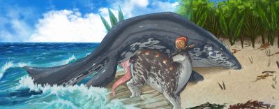 A Taste Of The Sea
art by holoeclvpse
Keywords: dinosaur;hadrosaur;tylosaurus;lambeosaurus;male;M/M;penis;from_behind;anal;beach;holoeclvpse