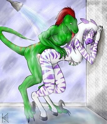 Hot and Steamy Shower
art by kadath
Keywords: dinosaur;theropod;raptor;furry;equine;horse;zebra;male;female;anthro;breasts;M/F;from_behind;shower;kadath