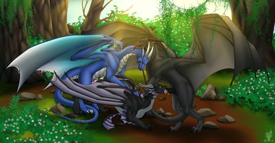 Forest Love
art by icender
Keywords: dragon;dragoness;male;female;feral;M/F;bondage;threeway;spitroast;penis;from_behind;suggestive;spooge;icender