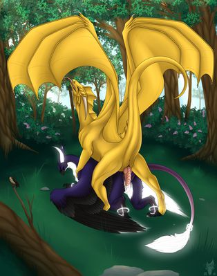 Having Sex in the Forest
art by icender
Keywords: dragon;dragoness;male;female;feral;M/F;penis;from_behind;vaginal_penetration;spooge;icender
