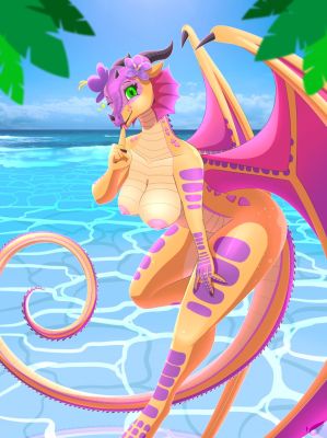 Anthro Kinkajou (Wings_of_Fire)
art by imaginespacedragons
Keywords: wings_of_fire;rainwing;kinkajou;dragoness;female;anthro;breasts;solo;suggestive;beach;imaginespacedragons