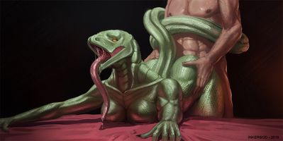 Lizard From Behind
art by inkersod
Keywords: beast;lizard;female;anthro;breasts;human;man;male;M/F;from_behind;suggestive;inkersod