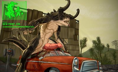 New Paint Job
art by johawk
Keywords: videogame;fallout;lizard;reptile;deathclaw;male;anthro;solo;penis;masturbation;spooge;johawk
