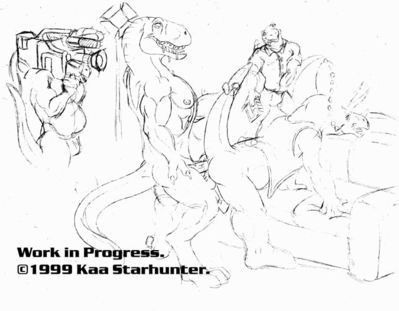 And... Action!
art by kaa
Keywords: dinosaur;theropod;tyrannosaurus_rex;trex;ceratopsid;triceratops;male;anthro;M/M;from_behind;penis;anal;kaa