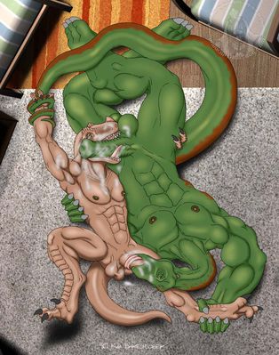 Meat Eaters
art by kaa
Keywords: dinosaur;theropod;raptor;deinonychus;sauropod;apatosaurus;male;anthro;M/M;penis;69;oral;spooge;kaa