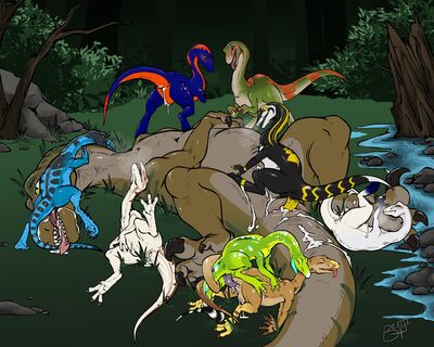 Compy Ambush
art by kaptcha or benji
Keywords: dinosaur;raptor;theropod;compsognathus;male;female;feral;M/F;orgy;penis;missionary;from_behind;cloacal_penetration;oral;masturbation;ejaculation;spooge;kaptcha;benji