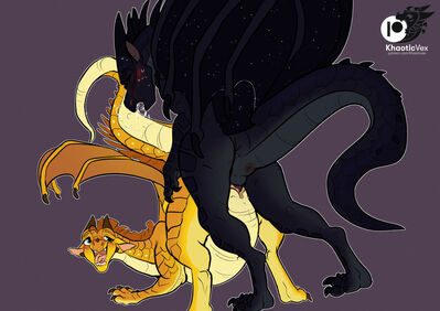 Nightwing on Sandwing Action (Wings_of_Fire)
art by KhaoticInterests
Keywords: wings_of_fire;sandwing;nightwing;dragon;dragoness;male;female;feral;M/F;penis;from_behind;vaginal_penetration;KhaoticInterests