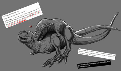 Kurupi Mating
art by kingrexy
Keywords: dinosaur;theropod;kurupi;male;female;feral;M/F;from_behind;suggestive;humor;kingrexy