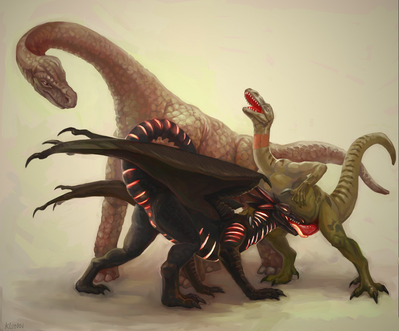 Dinos and Dragons
art by klongi
Keywords: dragoness;dinosaur;sauropod;theropod;raptor;male;female;feral;threeway;M/F;penis;vagina;oral;klongi