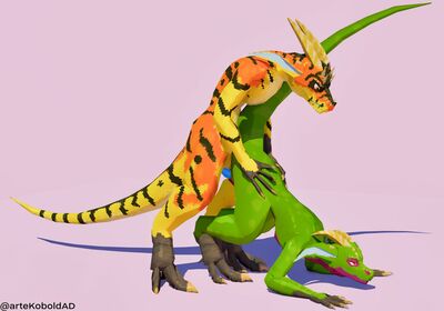 Kret and Vijaya
art by kobold_dellarte
Keywords: dungeons_and_dragons;kobold;dinosaur;theropod;hybrid;male;female;feral;M/F;penis;from_behind;vaginal_penetration;cgi;kobold_dellarte