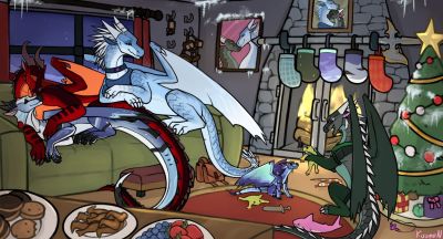Christmas Day (Wings_of_Fire)
art by kuueen
Keywords: wings_of_fire;nightwing;icewing;rainwing;skywing;hybrid;dragon;dragoness;male;female;feral;holiday;non-adult;kuueen