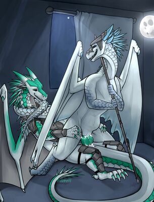 Fang and Icicle (Wings_of_Fire)
art by kuueen
Keywords: wings_of_fire;icewing;dragon;dragoness;male;feral;M/F;penis;reverse_cowgirl;vaginal_penetration;spooge;kuueen