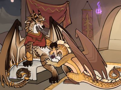 Mocha and Siro 1 (Wings_of_Fire)
art by kuueen
Keywords: wings_of_fire;sandwing;dragon;male;feral;M/M;penis;oral;spooge;kuueen