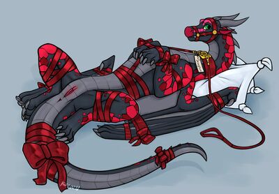 Christmas Gift (Wings_of_Fire)
art by kuueen
Keywords: wings_of_fire;nightwing;rainwing;hybrid;dragoness;female;feral;solo;bondage;vagina;presenting;holiday;kuueen