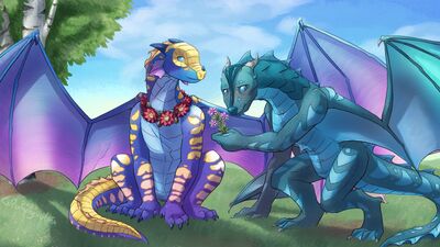 Tamarin and Pike (Wings_of_Fire)
art by lalzimsooodrunkrightnow
Keywords: wings_of_fire;rainwing;seawing;tamarin;pike;dragon;dragoness;male;female;M/F;romance;nn-adult;lalzimsooodrunkrightnow
