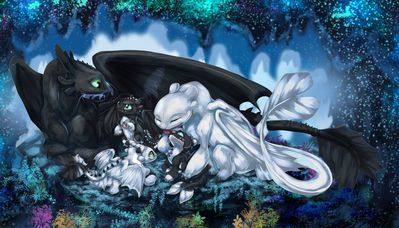 Night-Light Family
art by leokatana
Keywords: how_to_train_your_dragon;httyd;night_fury;toothless;nubless;dragon;dragoness;male;female;feral;M/F;romance;hatchling;non-adult;leokatana