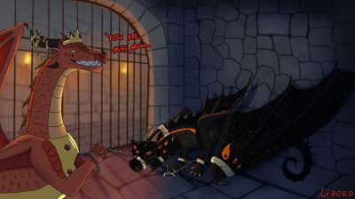 Scarlet's Captive (Wings_of_Fire)
art by lizord
Keywords: wings_of_fire;skywing;rainwing;hybrid;queen_scarlet;dragon;dragoness;male;female;feral;M/F;bondage;suggestive;lizord