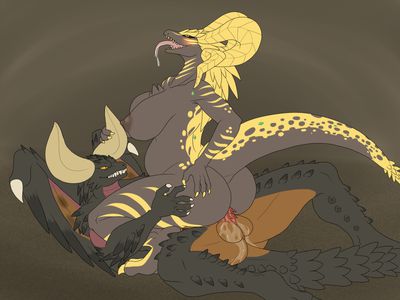 Kulve_Taroth and Nergigante Having Sex
art by lurking_tyger
Keywords: videogame;monster_hunter;dragon;dragoness;kulve_taroth;nergigante;male;female;anthro;breasts;M/F;penis;cowgirl;spooge;lurking_tyger