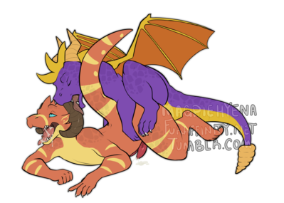 Spyro and Kobold Having Sex
art by magpiehyena
Keywords: videogame;spyro_the_dragon;dungeons_and_dragons;kobold;spyro;dragon;male;anthro;M/M;penis;from_behind;anal;spooge;magpiehyena