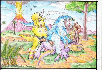Lesbian Threeway
art by marian0
Keywords: dinosaur;theropod;raptor;sauropod;ceratopsid;triceratops;female;anthro;breasts;lesbian;dildo;double_penetration;from_behind;cowgirl;threeway;spooge;marian0