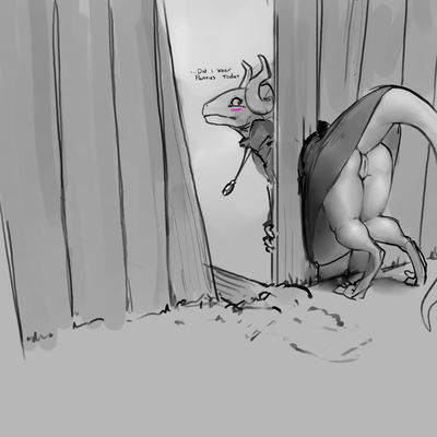Panties
art by meandraco
Keywords: dragoness;female;anthro;solo;vagina;presenting;suggestive;humor;meandraco