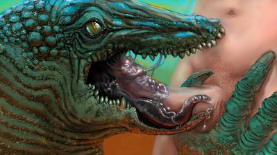 Toothy
art by meandraco
Keywords: beast;reptile;alien;female;feral;human;man;male;M/F;penis;oral;spooge;closeup;meandraco