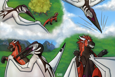 Felkin and Pterodactyl, page 1
art by meloneni
Keywords: comic;dragon;felkin;dinosaur;pterodactyl;male;feral;M/M;suggestive;meloneni
