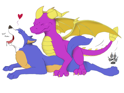 Spyro and a Wolf
art by mikachutuhonen
Keywords: videogame;spyro_the_dragon;spyro;furry;canine;wolf;dragon;male;anthro;M/M;from_behind;mikachutuhonen