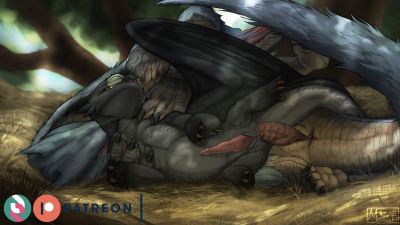 Fury and Nargacuga
art by moonski
Keywords: how_to_train_your_dragon;httyd;night_fury;videogame;monster_hunter;nargacuga;dragon;wyvern;male;feral;M/M;penis;spoons;anal;moonski