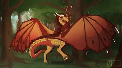 Forest Bound (Wings_of_Fire)
art by moonski
Keywords: wings_of_fire;sandwing;silkwing;hybrid;dragoness;female;feral;solo;bondage;vagina;presenting;moonski