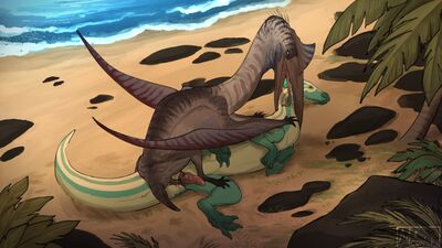 Quetzalcoatlus and Parasaurolophus
art by moonski
Keywords: dinosaur;pterodactyl;quetzalcoatlus;hadrosaur;parasaurolophus;male;feral;M/M;penis;from_behind;cloacal_penetration;beach;moonski