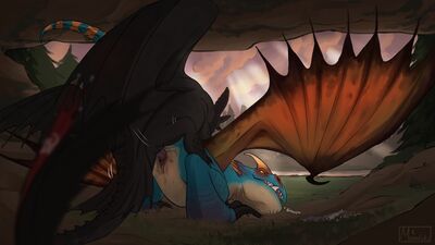 Toothless Mounting Stormfly
art by moonski
Keywords: how_to_train_your_dragon;httyd;night_fury;deadly_nadder;toothless;stormfly;dragon;dragoness;male;female;feral;M/F;penis;from_behind;vaginal_penetration;spooge;moonski