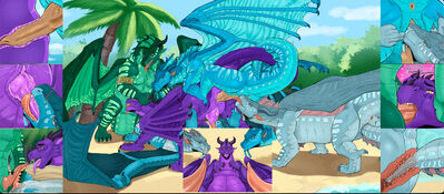 Nightwing-Seawing Negotiations 2 (Wings_of_Fire)
art by mrnbgreenart
Keywords: wings_of_fire;nightwing;seawing;tsunami;riptide;turtle;dragon;dragoness;male;female;feral;M/M;threeway;spitroast;orgy;penis;oral;anal;tailplay;masturbation;vaginal_penetration;internal;closeup;beach;mrnbgreenart