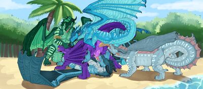 Seawing Orgy (Wings_of_Fire)
art by mrnbgreenart
Keywords: wings_of_fire;seawing;turtle;tsunami;anemone;riptide;dragon;dragoness;male;female;feral;M/F;M/M;orgy;penis;from_behind;anal;oral;masturbation;tailplay;vaginal_penetration;beach;mrnbgreenart
