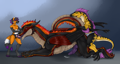Double Pegged Dragon
art by neverneverland
Keywords: dragon;dinosaur;theropod;raptor;furry;canine;wolf;male;female;feral;anthro;breasts;M/F;penis;dldo;strap-on;threesome;spitroast;from_behind;oral;anal;spooge;neverneverland
