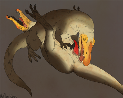 Baryonyx Blowjob
art by nomorewords
Keywords: dinosaur;theropod;baryonyx;male;feral;M/M;penis;69;oral;anal;rimjob;nomorewords