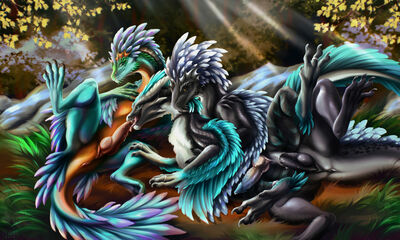 Rock Drake Spitroast
art by nsst
Keywords: videogame;ark;dragon;rock_drake;male;feral;M/M;threeway;spitroast;penis;spoons;anal;oral;spooge;nsst