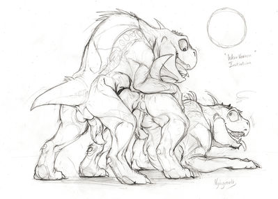 Werevarren Initiation
art by nyhgault
Keywords: videogame;mass_effect;varren;transformation;male;feral;M/M;penis;from_behind;suggestive;nyhgault