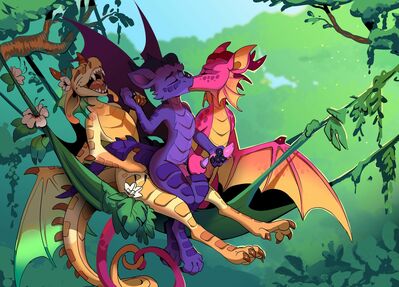 Between Pineapple and Jambu (Wings_of_Fire)
art by olivecow
Keywords: wings_of_fire;jambu;pineapple;rainwing;dragon;male;anthro;M/M;threeway;penis;from_behind;anal;masturbation;olivecow