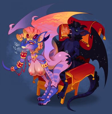 On The Throne (Wings_of_Fire)
art by olivecow
Keywords: wings_of_fire;sandwing;nightwing;dragon;dragoness;male;female;anthro;breasts;M/F;from_behind;suggestive;olivecow