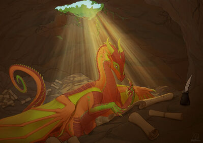 Scroll Cavern (Wings_of_Fire)
art by PalDreamer
Keywords: wings_of_fire;rainwing;mango;dragon;male;feral;solo;non-adult;PalDreamer