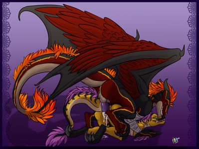Shelly and Sulfer Mating
art by pangurban91
Keywords: dragon;dinosaur;theropod;raptor;male;female;anthro;M/F;penis;from_behind;vaginal_penetration;spooge;pangurban91