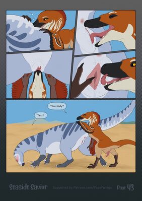 Seaside Savior 43
art by paper-wings
Keywords: comic;dinosaur;theropod;raptor;hadrosaur;male;female;feral;M/F;penis;vagina;M/F;oral;closeup;spread;beach;paper-wings