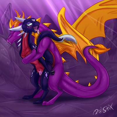 Spyro and Cynder
art by pixistix
Keywords: videogame;spyro_the_dragon;dragon;dragoness;spyro;cynder;male;female;anthro;M/F;penis;from_behind;vaginal_penetration;spooge;pixistix