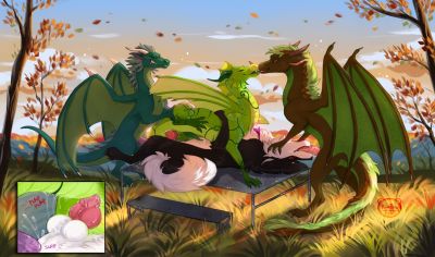 Picnic 2 (Wings_of_Fire)
art by polarbearanimation
Keywords: wings_of_fire;leafwing;rainwing;hybrid;dragon;furry;canine;dog;male;feral;M/M;orgy;spitroast;penis;cowgirl;missionary;anal;oral;closeup;spooge;polarbearanimation
